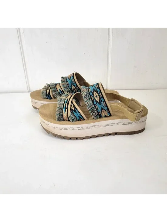 Teva Women's Fringe Platform Sandals With Aztec Print Straps & Wedge Sole Beige - Picture 1 of 9